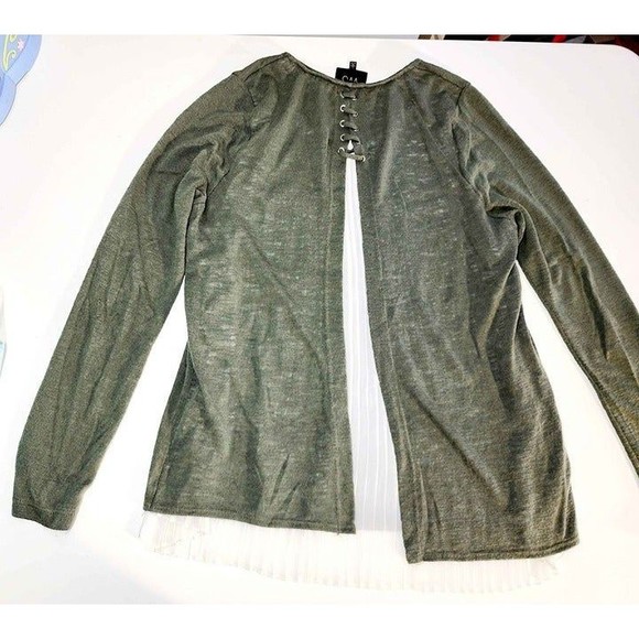 Womens Large Open Back Lace Up Top Green Sweater White Pleated Shirt - Picture 4 of 5